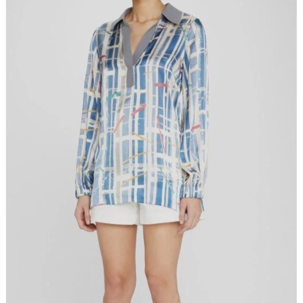 SHAN 100% Silk Abstract Geometric Print Long Sleeve Tunic Blouse Retail $510